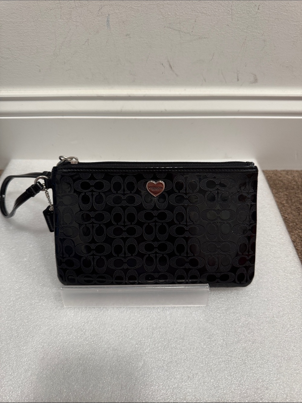 Coach Black Logo Patent Wristlet with Heart Accent & hangtag
